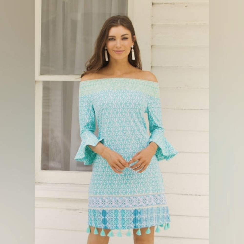 CABANA LIFE Blue-Green/ 3/4 Tulip Sleeves Off The Shoulder Smocked Tassels Dress
